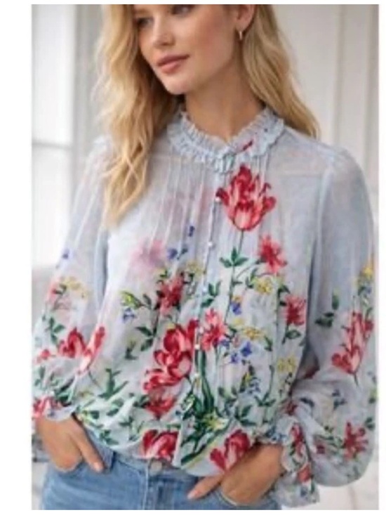 White House Black Market Tops - White House Black Market WHBM Blue Floral Sheer Blouse with Liner Medium M Top